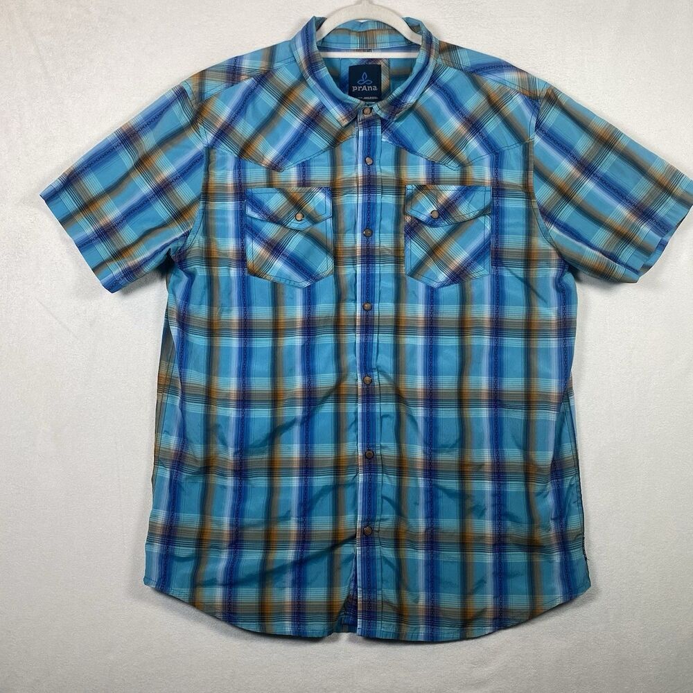 prAna Blue Plaid Snap-Front Shirt Men’s XL